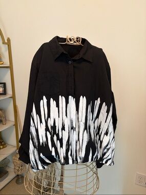 Black Button-Front Shirt with White Brushstroke Hem